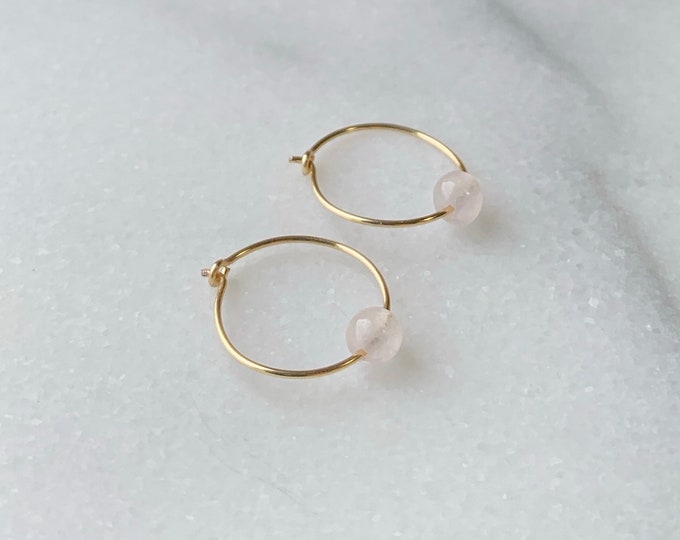 ROSE QUARTZ Beaded Gemstone Hoops, Minimalist Earrings, Rose Gold Earrings, 14k Gold Filled Hoops, Modern Hoop Earrings