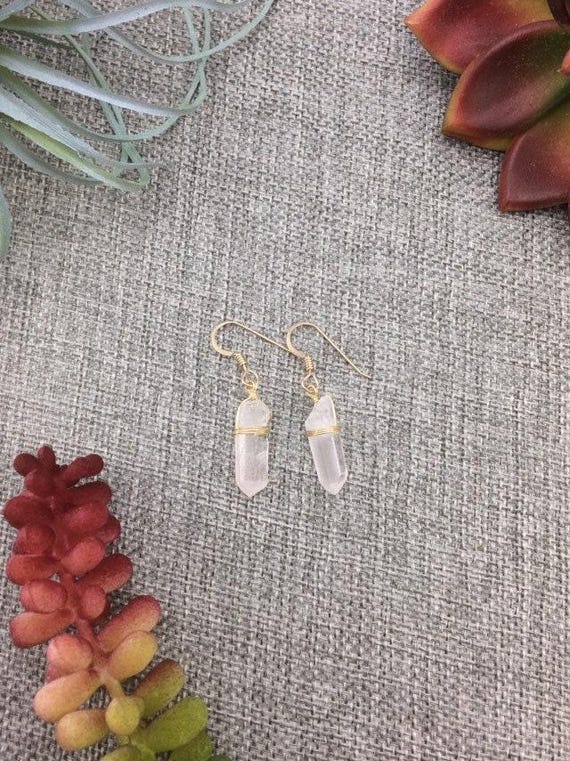 Clear Quartz Point Earrings – Natural Crystal Dangles in 14k Gold Filled or Sterling Silver