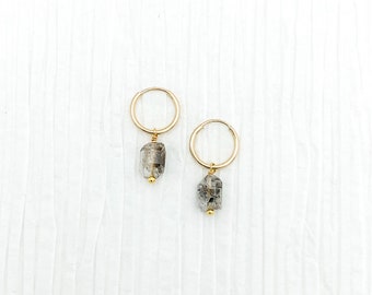 RAW HERKIMER DIAMOND With Inclusions 14k Gold Filled Endless Hoop Earrings, Dainty Hoop Dangle Earrings