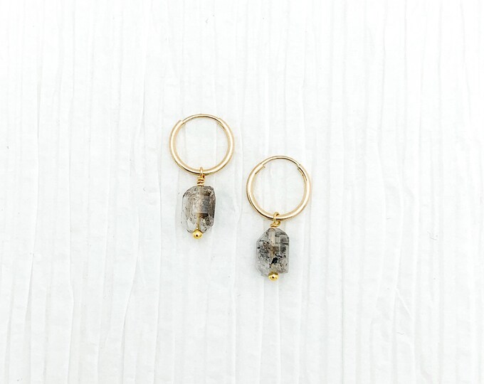 RAW HERKIMER DIAMOND With Inclusions 14k Gold Filled Endless Hoop Earrings, Dainty Hoop Dangle Earrings