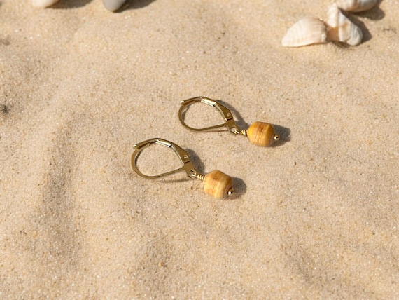 Crazy Lace Agate Earrings – Yellow Gemstone Leverback Drops in 14k Gold Filled or Sterling Silver – Minimalist Jewelry