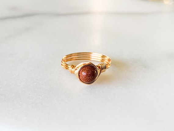 Goldstone Wire Wrapped Ring – Glitter Gemstone Jewelry in 14k Gold Filled or Sterling Silver