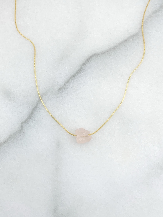 Raw Rose Quartz Beading Chain Necklace – Rough Crystal Layering Pendant in 14k Gold Filled or Sterling Silver