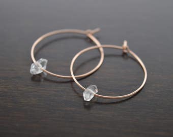 Herkimer Diamond Earrings, Hoop Earrings, Crystal Earrings, Raw Crystal Earrings, Quartz, Gold Hoop Earring, Rose Gold Hoops, Diamonds