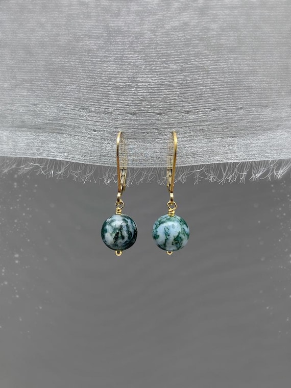 Tree Agate Leverback Earrings – Natural Green Gemstone Dangles in Gold Filled or Sterling Silver