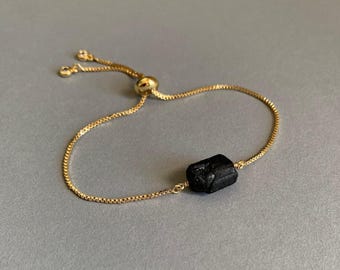Black Tourmaline Bracelet – Raw Gemstone Adjustable Bracelet – Handmade Crystal Jewelry Gift