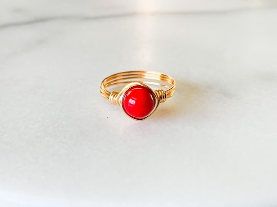Red Coral Wire Wrapped Ring – Natural Gemstone Jewelry in 14k Gold Filled or Sterling Silver
