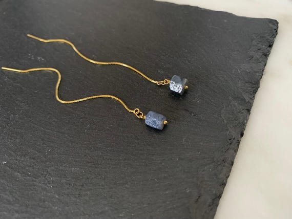 Raw Sapphire Threader Earrings – Natural Crystal Pull Through in Gold or Sterling Silver