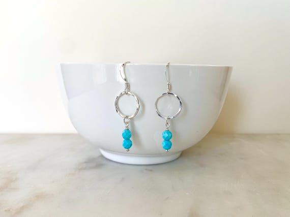 Turquoise Hammered Circle Earrings – Faceted Gemstone Dangles – 14k Gold Filled or Sterling Silver Jewelry