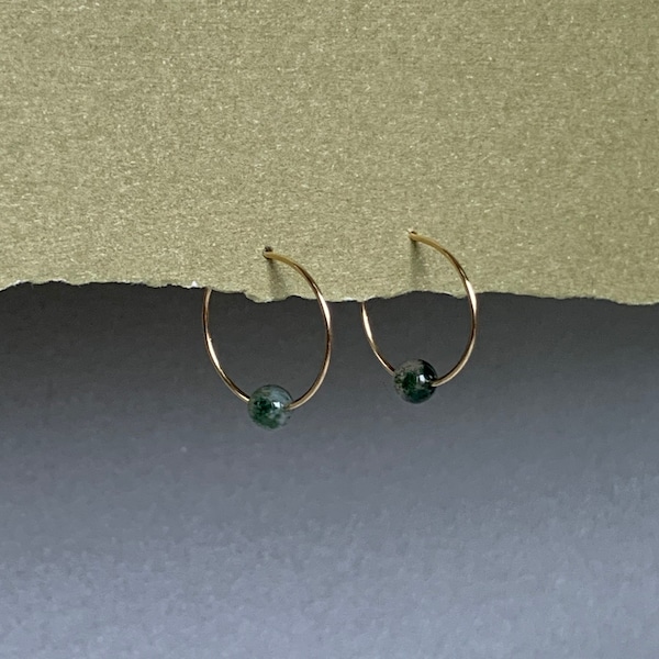 MOSS AGATE Tiny Gemstone Hoop Earrings With Genuine Gemstone Beads