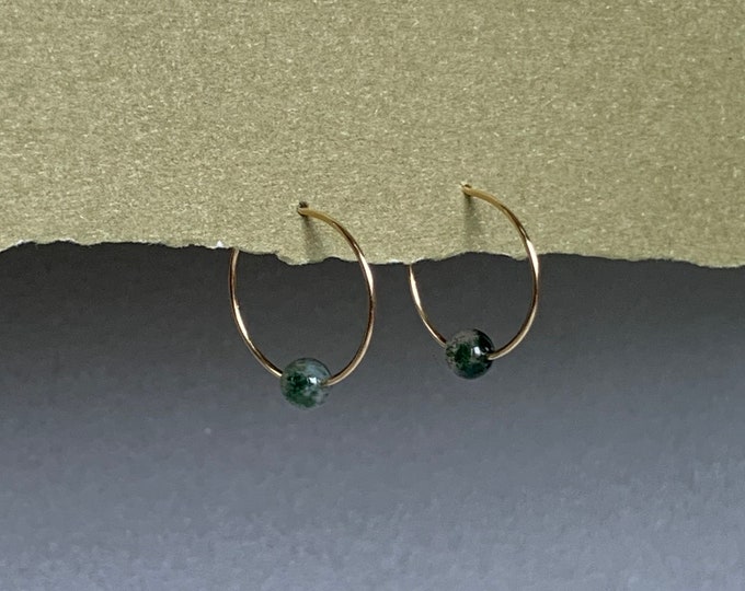 MOSS AGATE Tiny Gemstone Hoop Earrings With Genuine Gemstone Beads