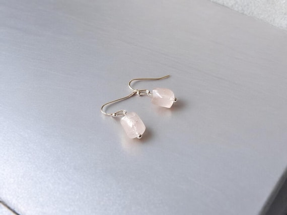Rose Quartz Drop Earrings – Raw Gemstone Dangles in Sterling Silver or 14k Gold Filled – Handmade Jewelry