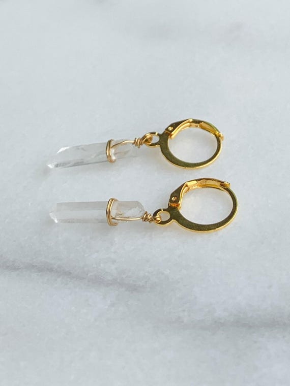 Clear Quartz Huggie Hoop Earrings – Tiny Crystal Points with Leverback Closure
