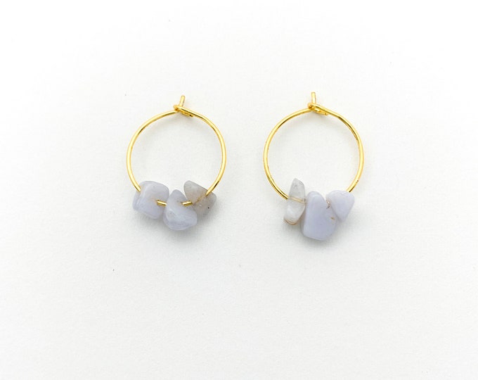 BLUE LACE AGATE Chip Hoop Earrings, 14k Gold Filled, Rose Gold Filled, or Sterling Silver Tiny Hoop Earrings With Genuine Gemstone Beads