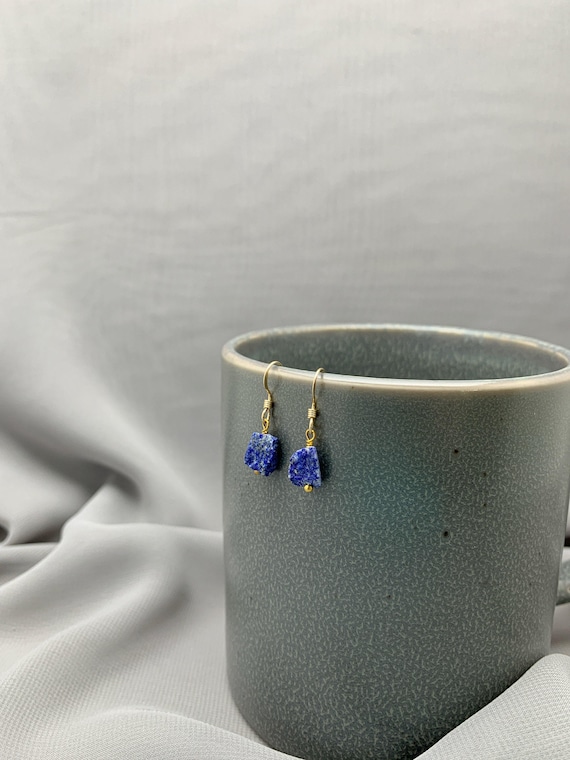 Lapis Lazuli Dangle Earrings – Raw Crystal in Gold Filled or Sterling Silver