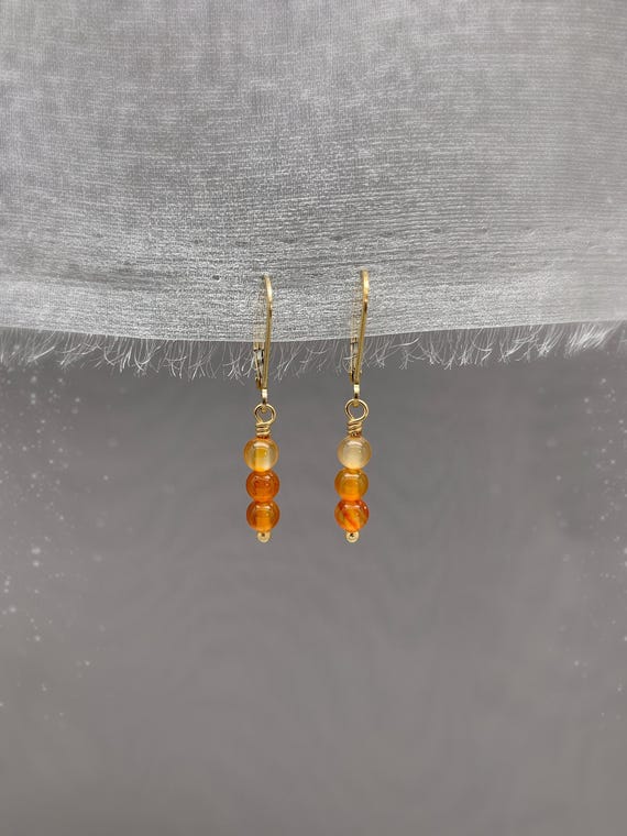 Carnelian Agate Leverback Earrings – 3-Stone Stack Gemstone Dangles – 14k Gold Filled or Sterling Silver