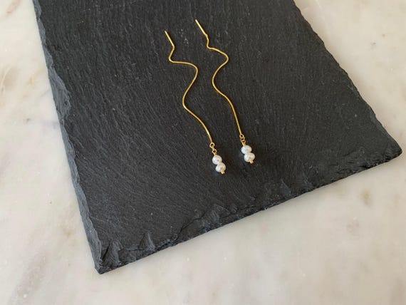 Two Pearl Threader Earrings – Raw Gemstone Dangle in Gold or Sterling Silver – Minimalist Jewelry