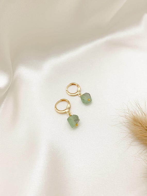 Fluorite Huggie Hoop Earrings – Gold Leverback Natural Gemstone Bead Jewelry