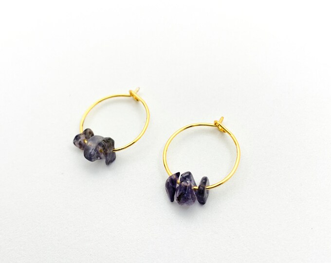 IOLITE Chip Small Hoop Earrings, 14k Gold Filled, Rose Gold Filled, or Sterling Silver Tiny Hoop Earrings With Genuine Gemstone Beads