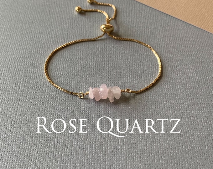 Gemstone Bead Bracelet, ROSE QUARTZ Genuine Gemstone Adjustable Bracelet