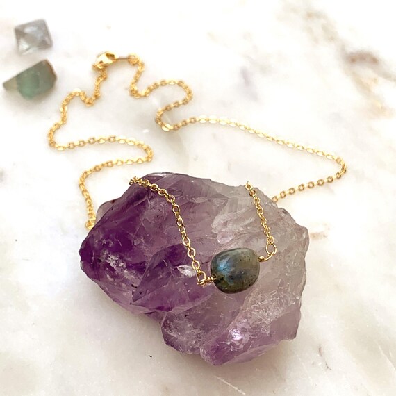 Labradorite Necklace – Smooth Stone Gemstone Pendant in Gold or Silver
