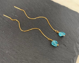 RAW APATITE Threader Earrings, Raw Gemstone Threader Earrings in Gold or Sterling Silver