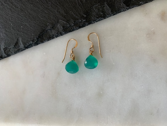Green Onyx Drop Earrings – Small May Birthstone Dangles in Gold or Sterling Silver
