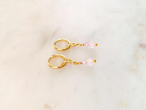 Rose Quartz & CZ Huggie Hoop Earrings – Gold Leverback Minimalist Gemstone Drop Jewelry