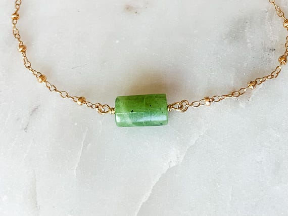 Green Jade Necklace – 14k Gold Filled or Sterling Silver Beaded Chain – Green Gemstone Necklace – Gift for Her