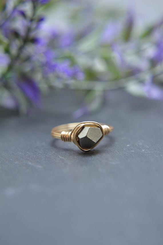 Pyrite Wire Wrapped Ring – Faceted Star Cut Boho Gemstone Ring in 14k Gold Filled or Sterling Silver