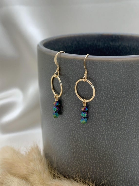 Titanium Druzy Quartz Earrings – Freeform Drop with Hammered Circle in 14k Gold Filled or Sterling Silver – Sparkly Cluster Jewelry