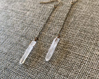 Clear Quartz Crystal Earrings – Long Chain Drop with Raw Point in Antique Brass Jewelry