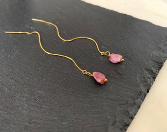 RAW PINK TOURMALINE Threader Earrings, Raw Gemstone Threader Earrings in Gold or Sterling Silver