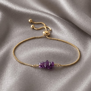 May include: A gold-colored bracelet with a delicate chain and a cluster of small, raw amethyst stones. The bracelet has an adjustable sliding clasp. The background is a smooth, gray fabric.