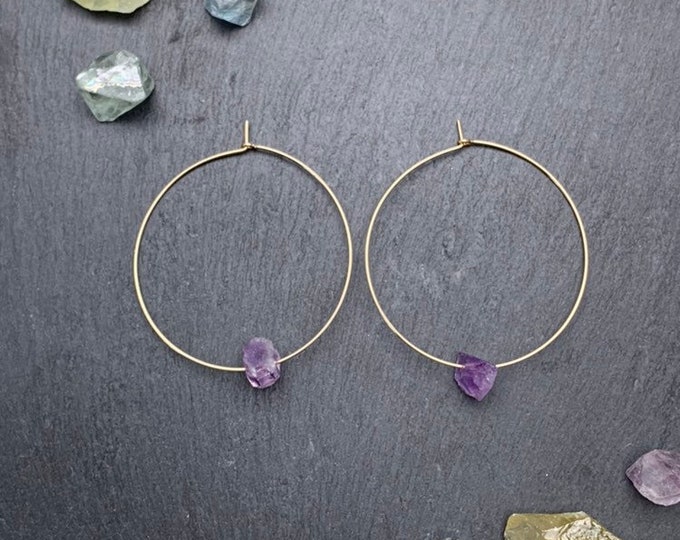 Raw Amethyst Earrings, Gold Hoop Earrings,14k Gold Filled, Silver, or Rose Gold Filled Hoops With Small Amethyst Nuggets, Natural Gemstone