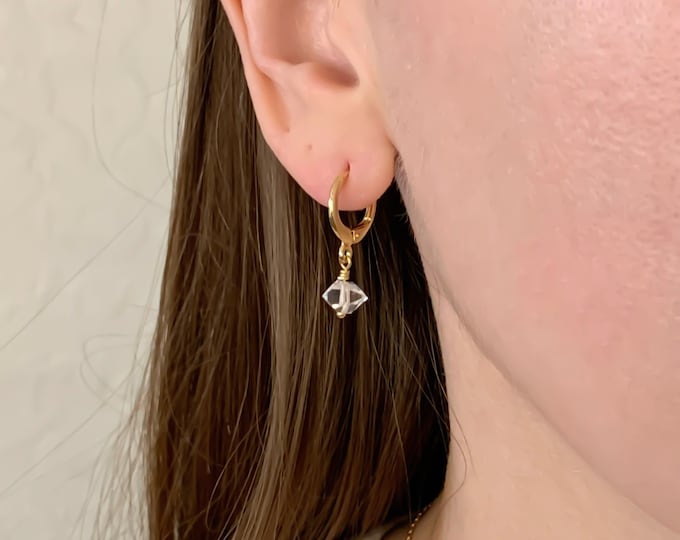 HERKIMER DIAMOND Huggie Hoops Lever Back Hoop Earrings With Natural Herkimer Diamond Crystal Beads