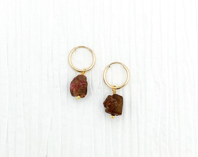 RAW RUBY 14k Gold Filled Endless Hoop Earrings, Dainty Hoop Dangle Earrings