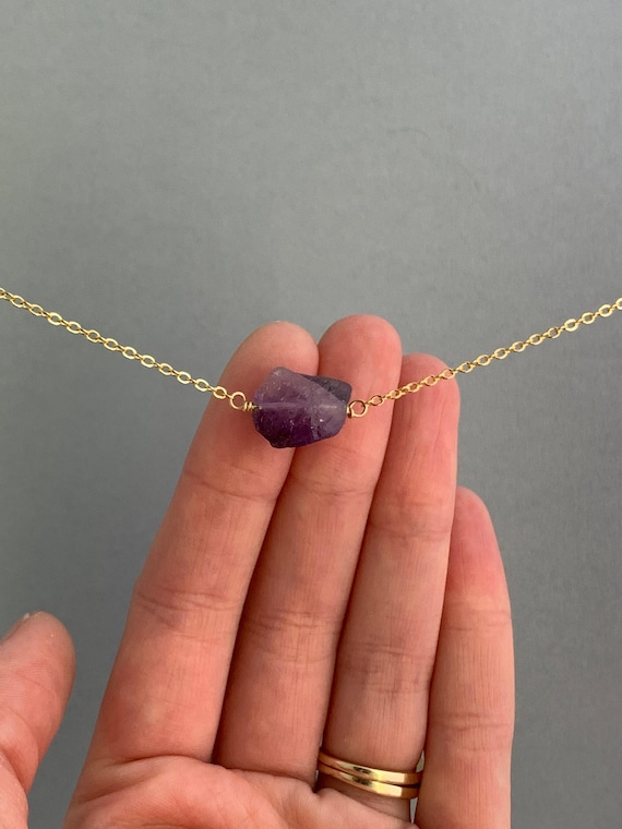 Raw Amethyst Crystal Necklace – February Birthstone Pendant – Gold or Silver Adjustable Chain