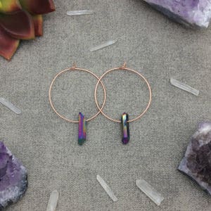 Rainbow Titanium Quartz Crystal Hoop Earrings, Raw Quartz Point Earrings, Rose Gold Earrings, Rose Gold Hoops image 5