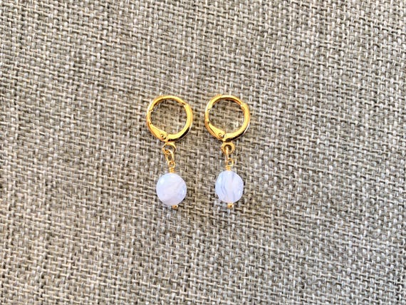 Blue Lace Agate Huggie Hoop Earrings – Gold Leverback Natural Gemstone Jewelry