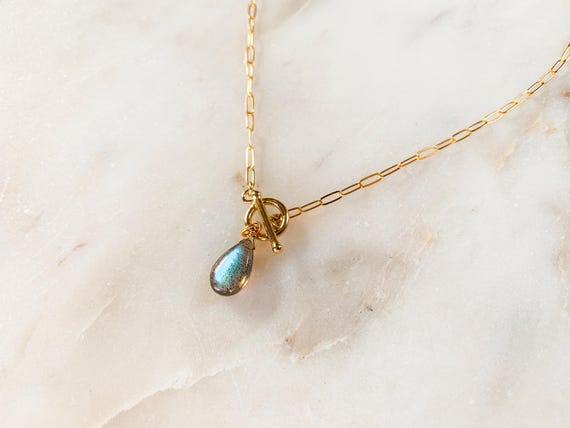 Labradorite Toggle Pendant Necklace – Teardrop Gemstone on 14k Gold Filled Paperclip Chain