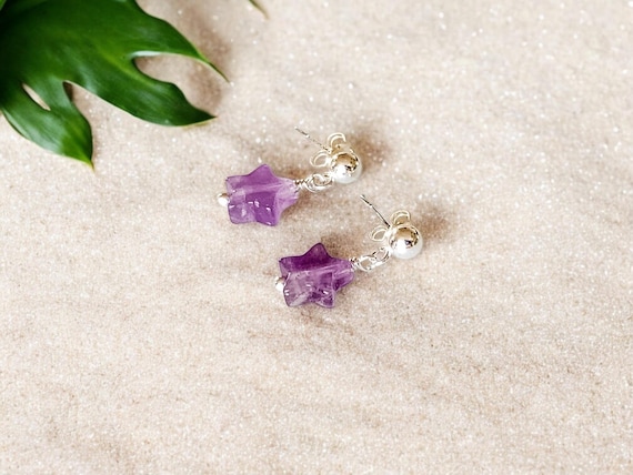 Amethyst Star Dangle Stud Earrings – 14k Gold Filled or Sterling Silver Star Shape Gemstone Earrings – Minimalist Everyday Jewelry