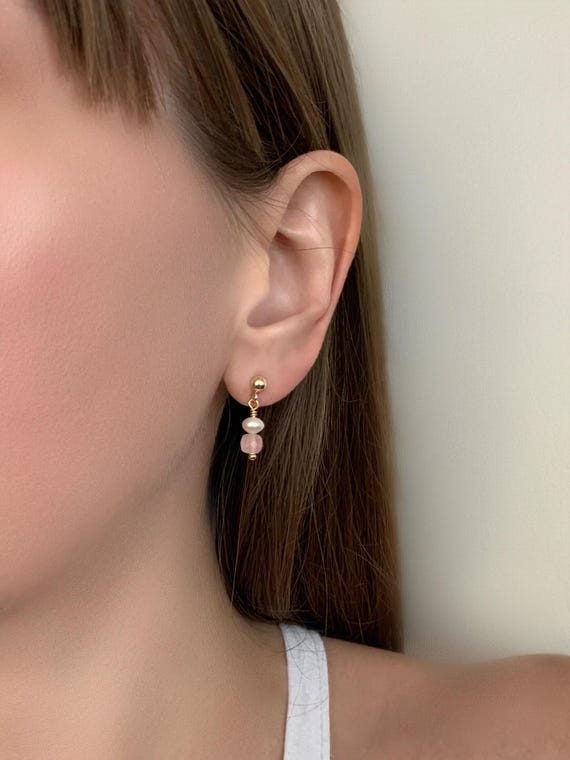 Rose Quartz & Pearl Stud Earrings – Cube Gemstone and Tiny Freshwater Pearl in 14k Gold Filled or Sterling Silver
