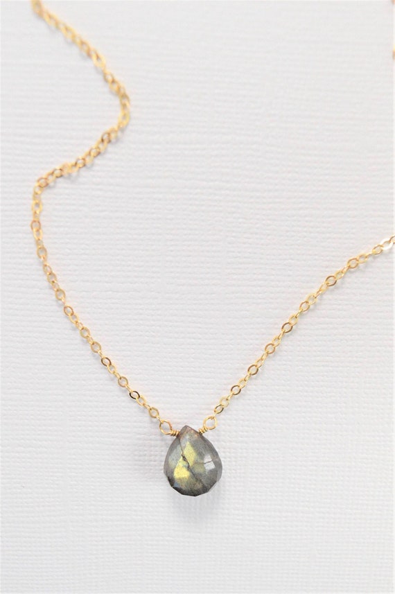 Labradorite Pendant Necklace – Pear Cut Blue Green Flash Gemstone Jewelry in Gold or Silver