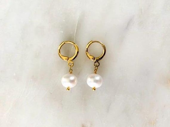 Freshwater Pearl Huggie Hoop Earrings – June Birthstone Jewelry – Gold or Silver Leverback Earrings