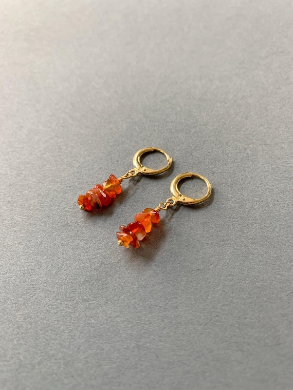 Carnelian Gemstone Chip Huggie Hoop Earrings – Gold Plated Sterling Silver Leverback Dangles