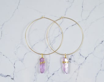 Lavender Purple Aura Quartz Crystal Hoop Earrings Lavender Quartz Wire Wrapped Hoop Earrings, Raw Quartz Point Earrings