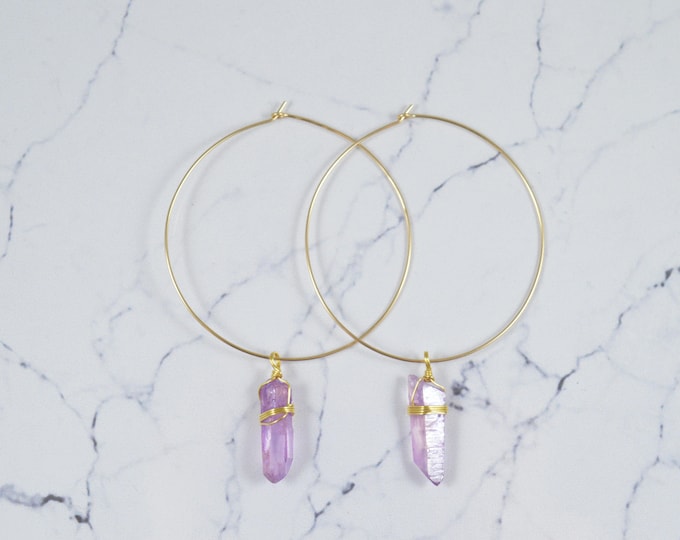 Lavender Purple Aura Quartz Crystal Hoop Earrings Lavender Quartz Wire Wrapped Hoop Earrings, Raw Quartz Point Earrings