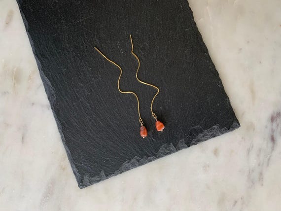 Raw Carnelian Threader Earrings – Box Chain Pull Through Earrings in Gold Filled or Sterling Silver