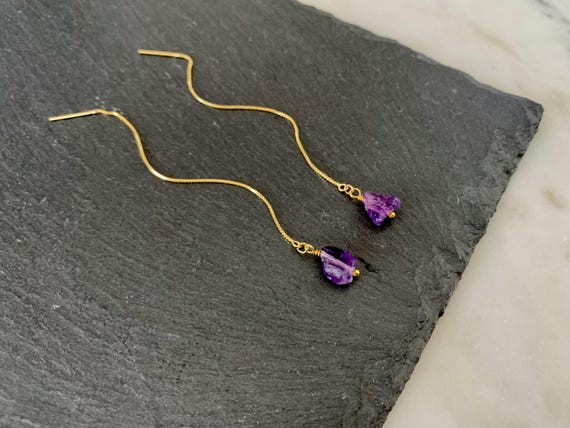 Amethyst Threader Earrings – Pull Through Gemstone Earrings in Gold Filled or Sterling Silver